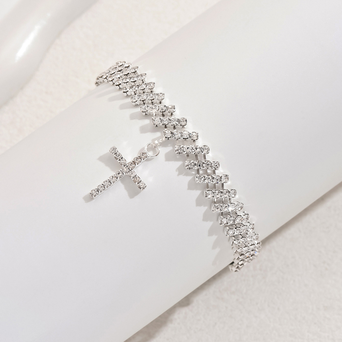 Crystal Cross Anklet Bracelet With Rhinestone Tennis Chain Design